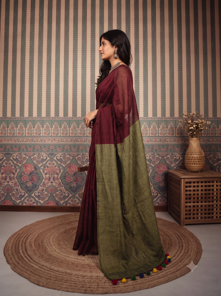 Wine Maroon Mul Cotton Saree with Olive Green Contrast Pallu, Tassels & Matching Blouse