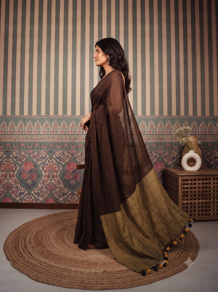 Chocolate Brown Mul Cotton Saree with Antique Gold Contrast Pallu, Tassels & Matching Blouse