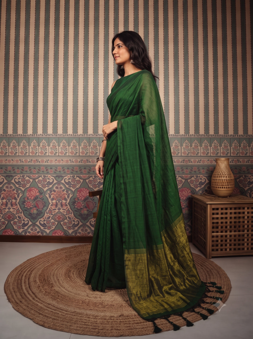 Bottle Green Mul Cotton Saree with Antique Gold Zari Woven Pallu, Tassels & Matching Blouse