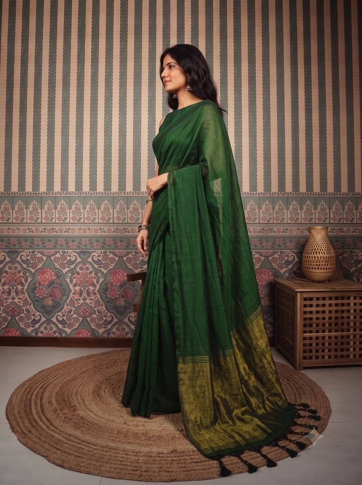 Bottle Green Mul Cotton Saree with Antique Gold Zari Woven Pallu, Tassels & Matching Blouse
