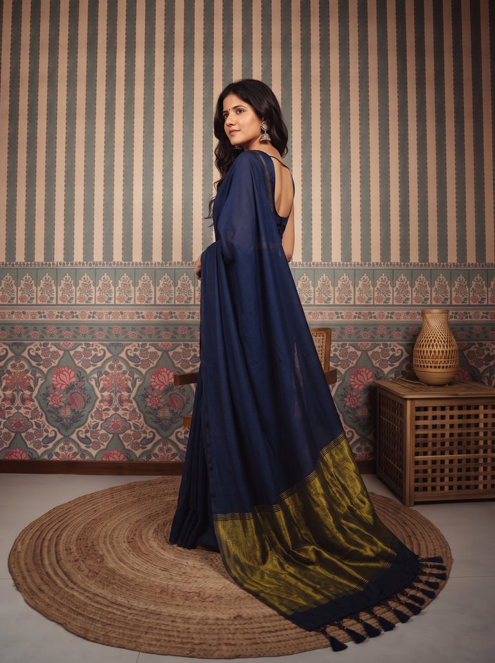 Navy Blue Mul Cotton Saree with Antique Gold Zari Woven Pallu, Tassels & Matching Blouse