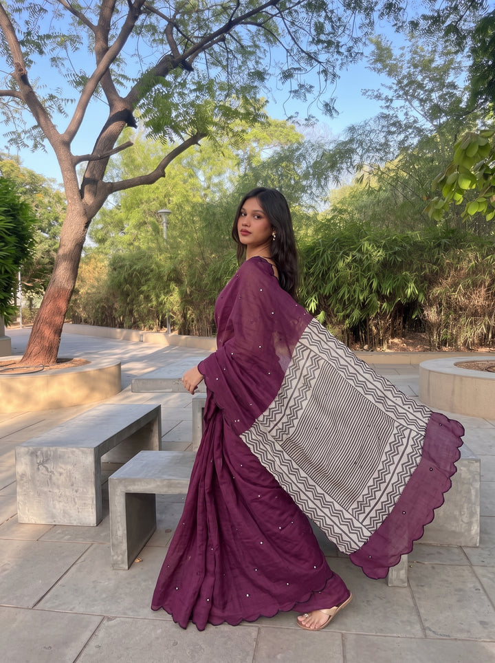 Wine Mul Cotton Saree with Aari Foil Mirror Work, Embroidered Arco Border & Contrast Printed Pallu with Blouse Piece