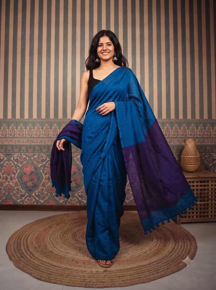Cobalt Blue Mul Cotton Saree with Deep Purple Contrast Pallu, Tassels & Matching Blouse