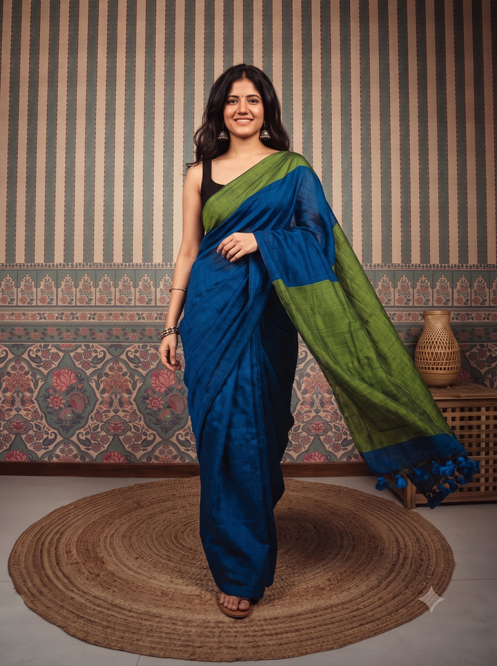 Royal Blue Mul Cotton Saree with Olive Green Contrast Pallu, Tassels & Matching Blouse