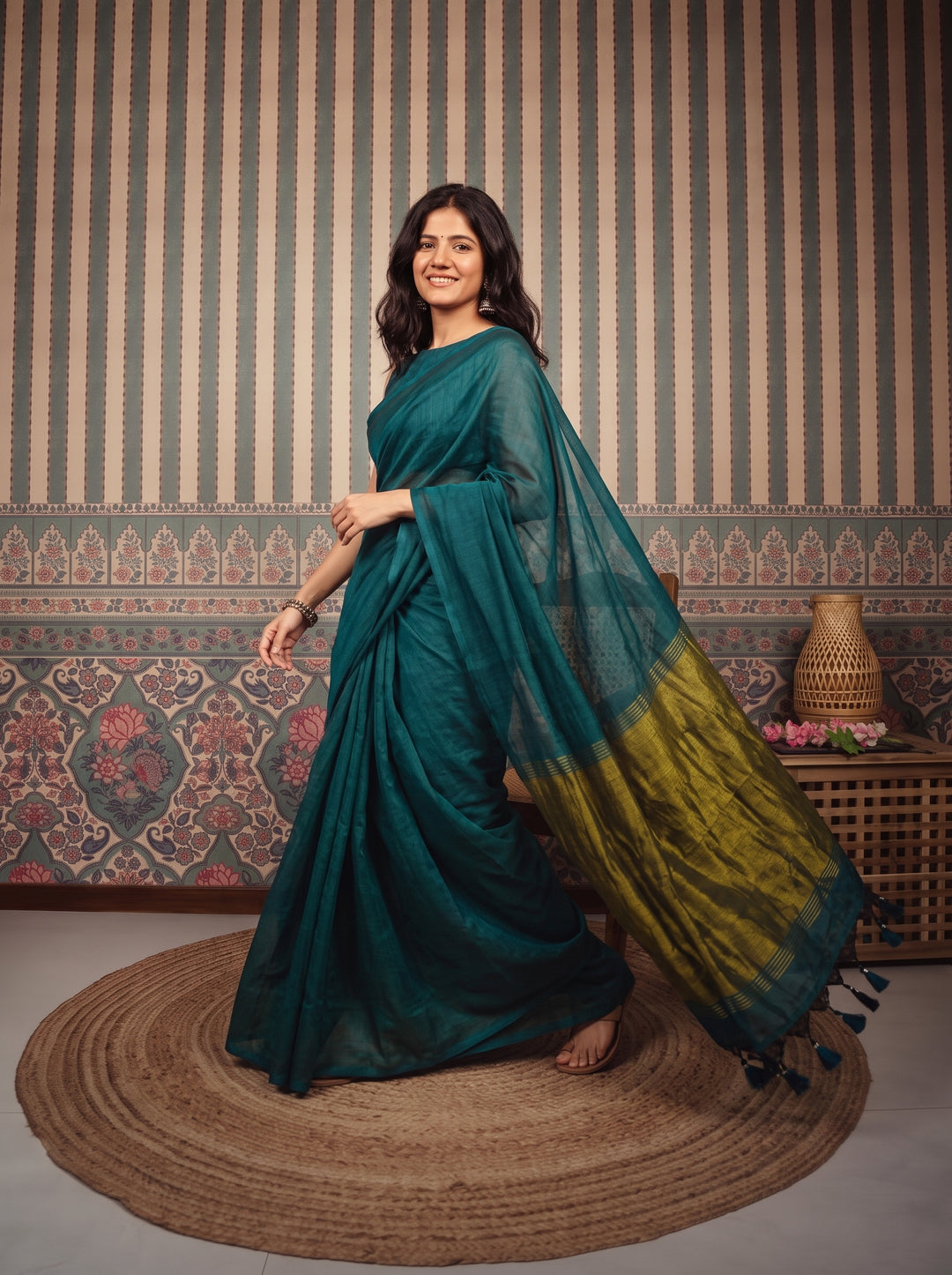 Teal Blue Mul Cotton Saree with Antique Gold Zari Woven Pallu, Tassels & Matching Blouse