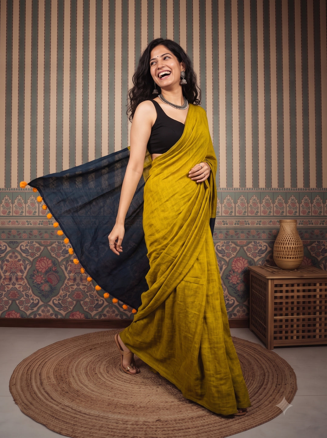 Mustard Yellow Mul Cotton Saree with Midnight Blue Contrast Pallu, Tassels & Matching Blouse