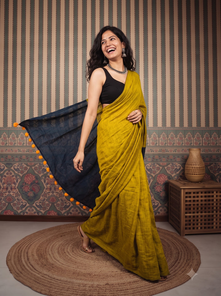 Mustard Yellow Mul Cotton Saree with Midnight Blue Contrast Pallu, Tassels & Matching Blouse