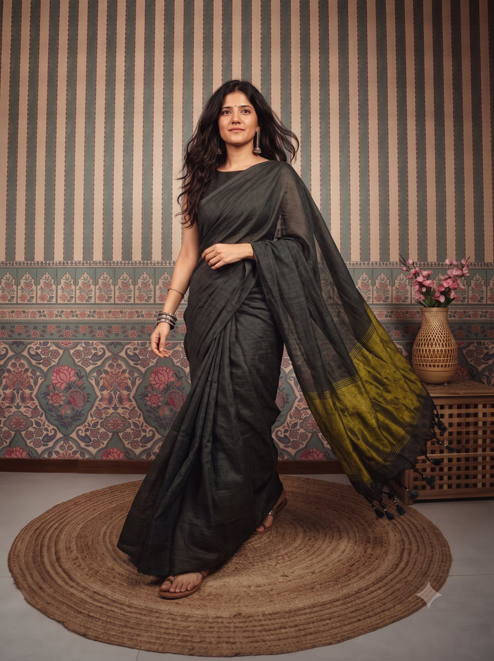 Grey Mul Cotton Saree with Antique Gold Zari Woven Pallu, Tassels & Matching Blouse