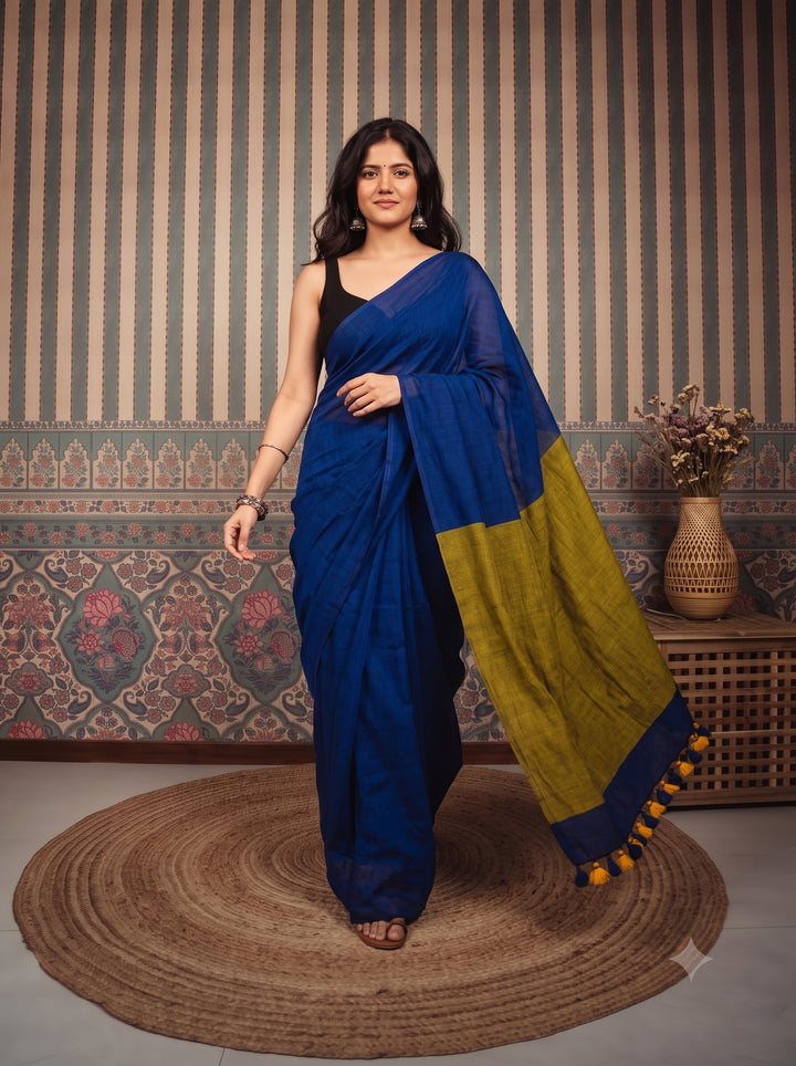 Royal Blue Mul Cotton Saree with Mustard Green Contrast Pallu, Tassels & Matching Blouse