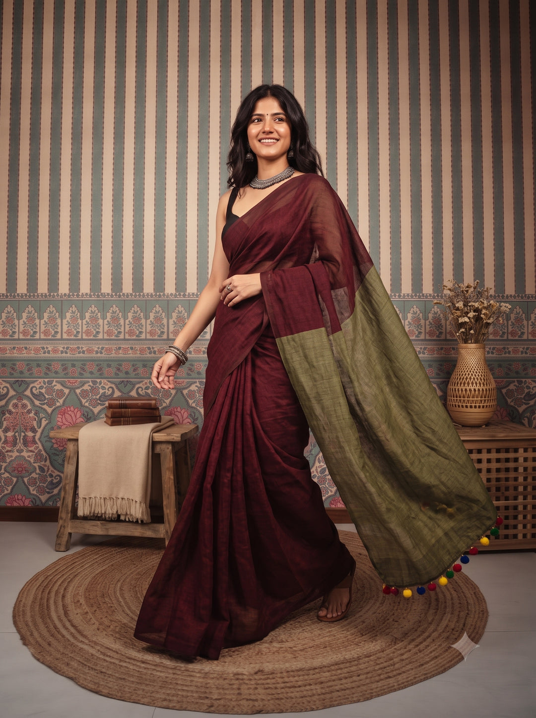 Wine Maroon Mul Cotton Saree with Olive Green Contrast Pallu, Tassels & Matching Blouse