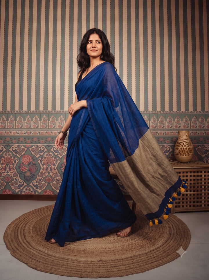 Navy Blue Mul Cotton Saree with Beige Contrast Pallu, Tassels & Matching Blouse