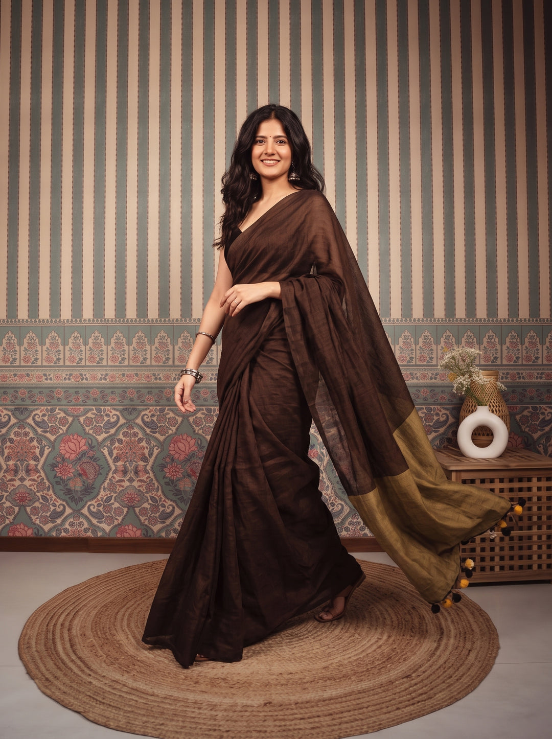 Chocolate Brown Mul Cotton Saree with Antique Gold Contrast Pallu, Tassels & Matching Blouse
