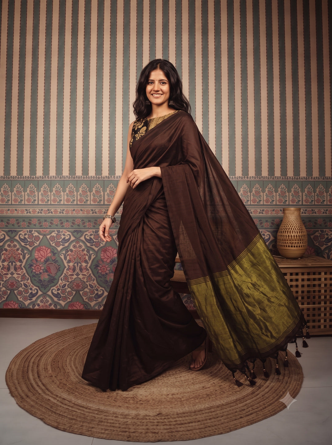Chocolate Brown Mul Cotton Saree with Antique Gold Zari Woven Pallu, Tassels & Matching Blouse