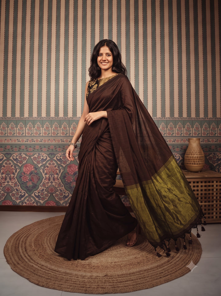 Chocolate Brown Mul Cotton Saree with Antique Gold Zari Woven Pallu, Tassels & Matching Blouse