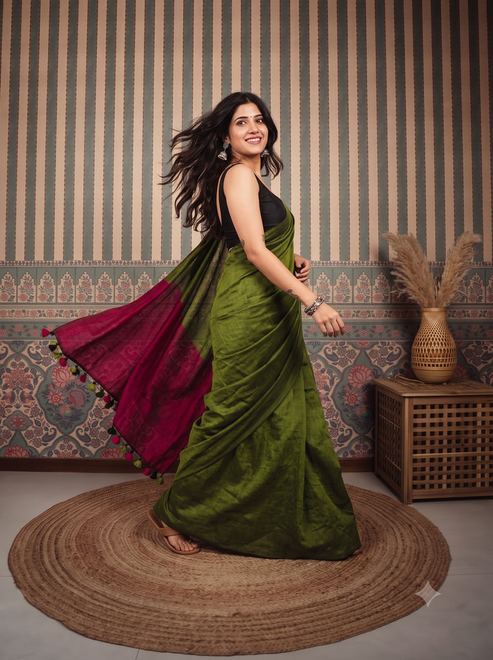 Olive Green Mul Cotton Saree with Contrast Magenta Pallu, Tassels & Matching Blouse