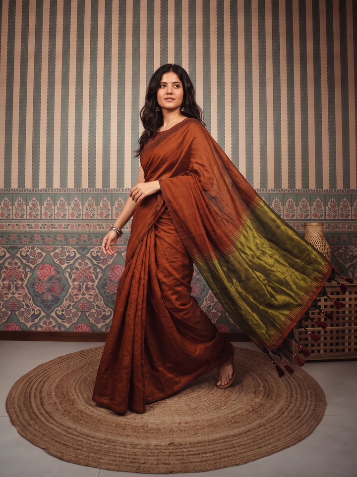 Rust Brown Mul Cotton Saree with Antique Gold Zari Woven Pallu, Tassels & Matching Blouse