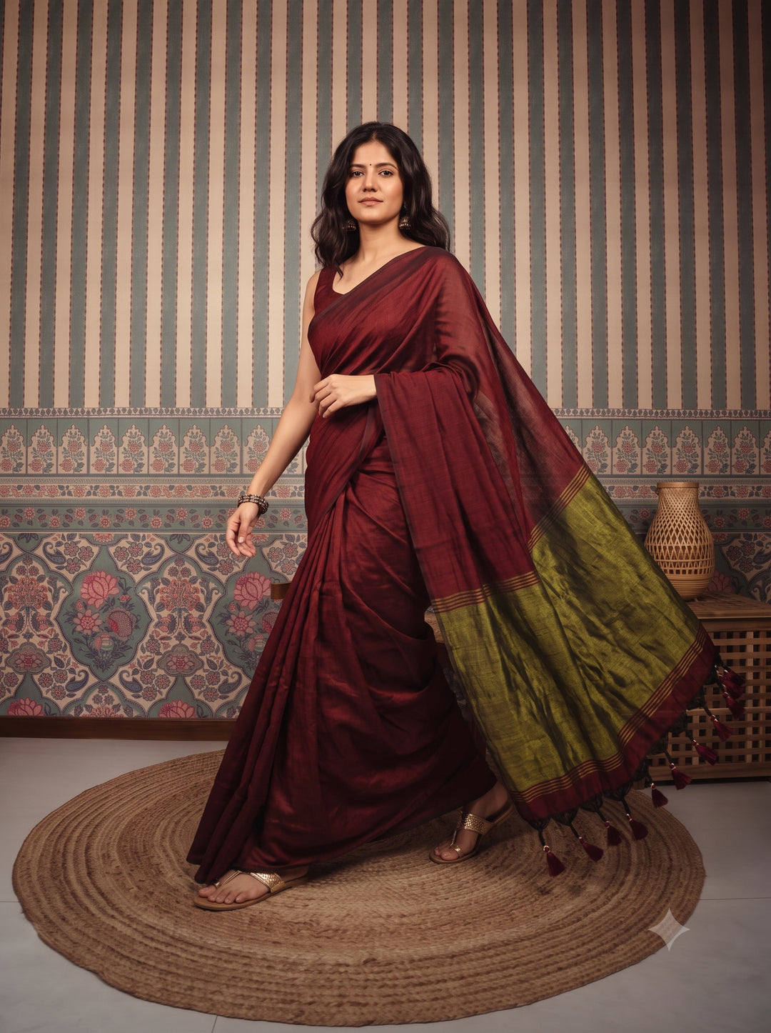 Wine Mul Cotton Saree with Antique Gold Zari Woven Pallu, Tassels & Matching Blouse