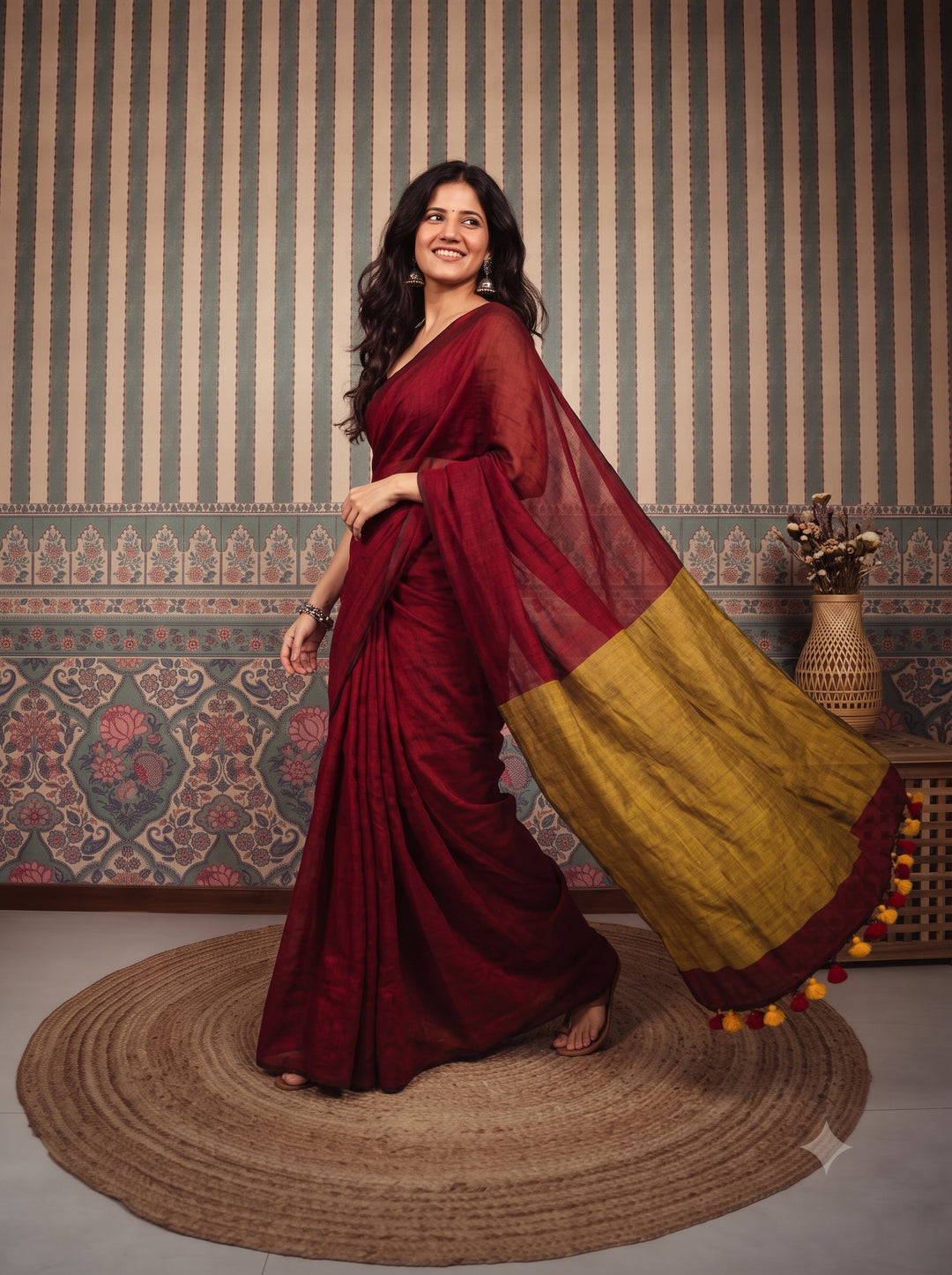 Deep Red Mul Cotton Saree with Mustard Gold Contrast Pallu, Tassels & Matching Blouse