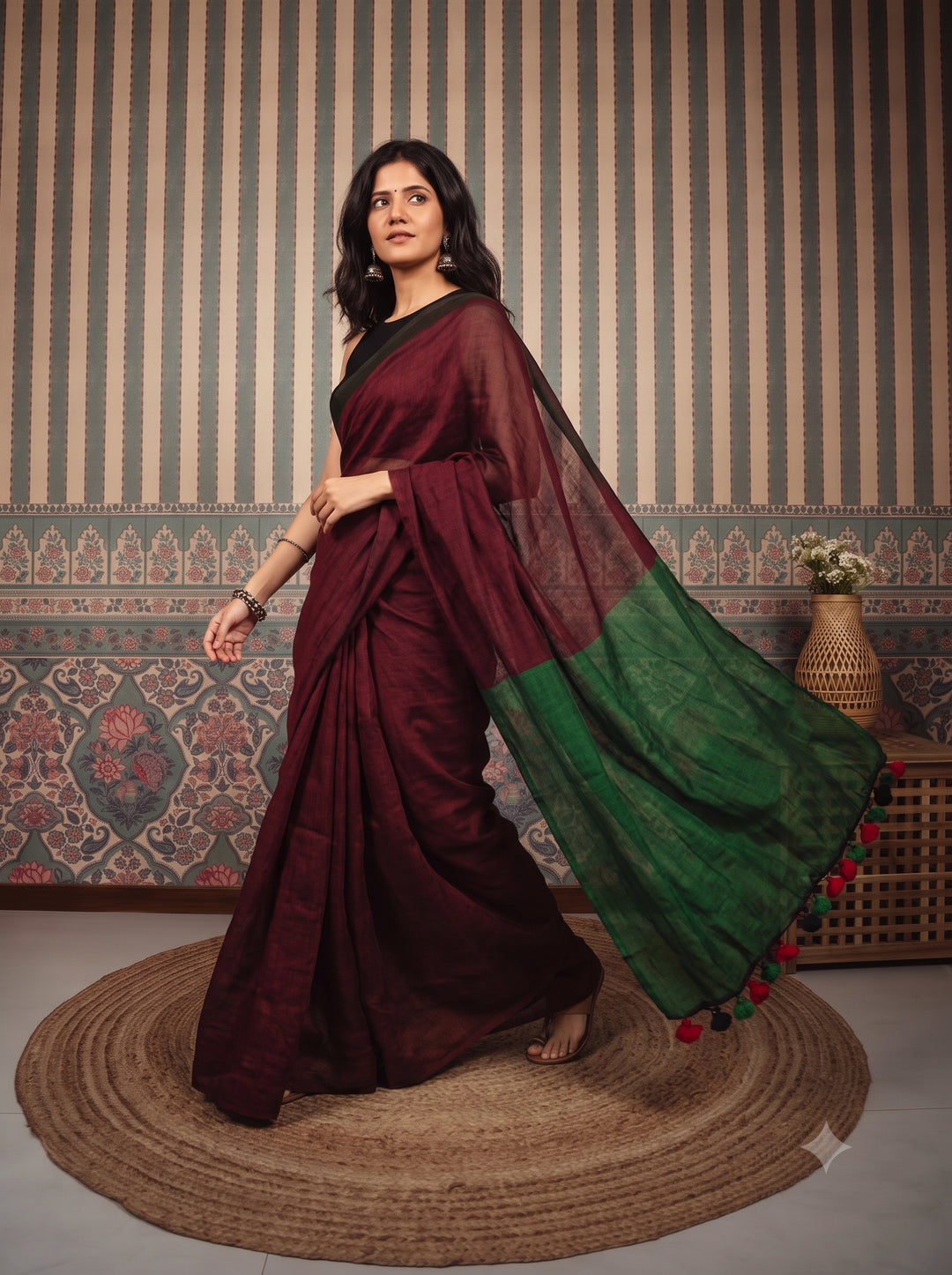 Wine Maroon Mul Cotton Saree with Contrast Emerald Green Pallu, Tassels & Matching Blouse