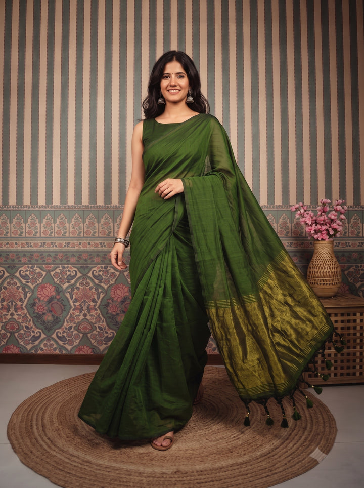 Mehendi Green Mul Cotton Saree with Antique Gold Zari Woven Pallu, Tassels & Matching Blouse