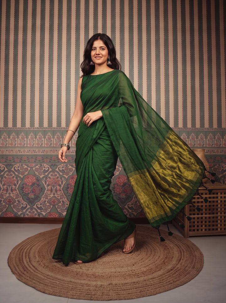 Bottle Green Mul Cotton Saree with Antique Gold Zari Woven Pallu, Tassels & Matching Blouse