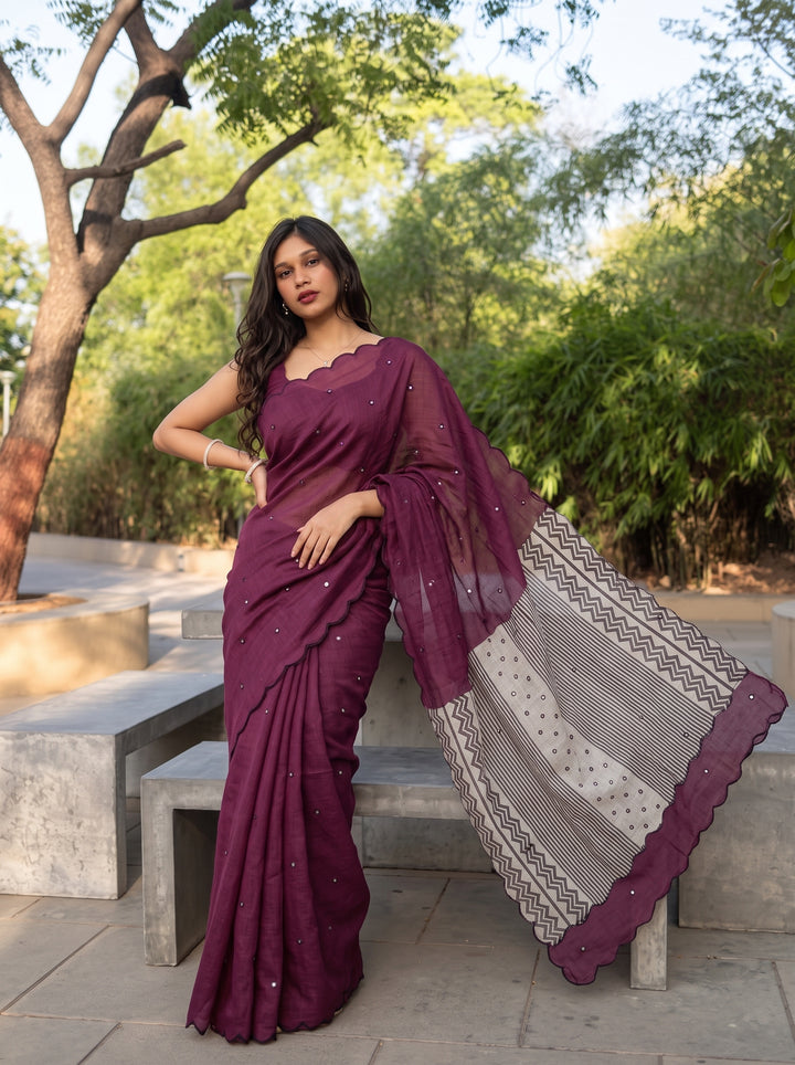 Wine Mul Cotton Saree with Aari Foil Mirror Work, Embroidered Arco Border & Contrast Printed Pallu with Blouse Piece