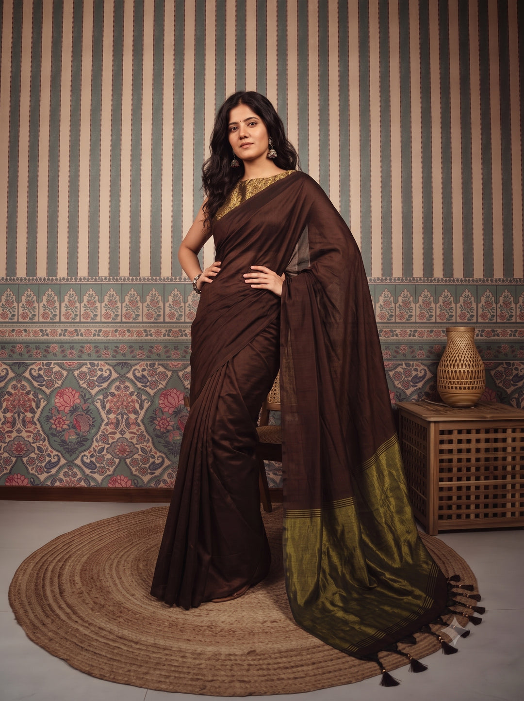 Chocolate Brown Mul Cotton Saree with Antique Gold Zari Woven Pallu, Tassels & Matching Blouse