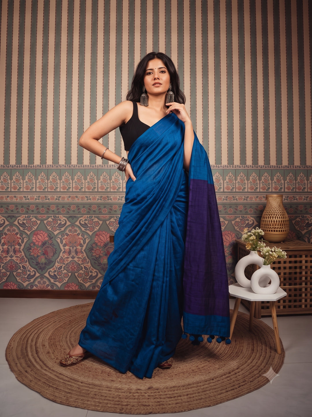Cobalt Blue Mul Cotton Saree with Deep Purple Contrast Pallu, Tassels & Matching Blouse