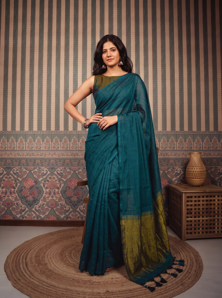 Teal Blue Mul Cotton Saree with Antique Gold Zari Woven Pallu, Tassels & Matching Blouse