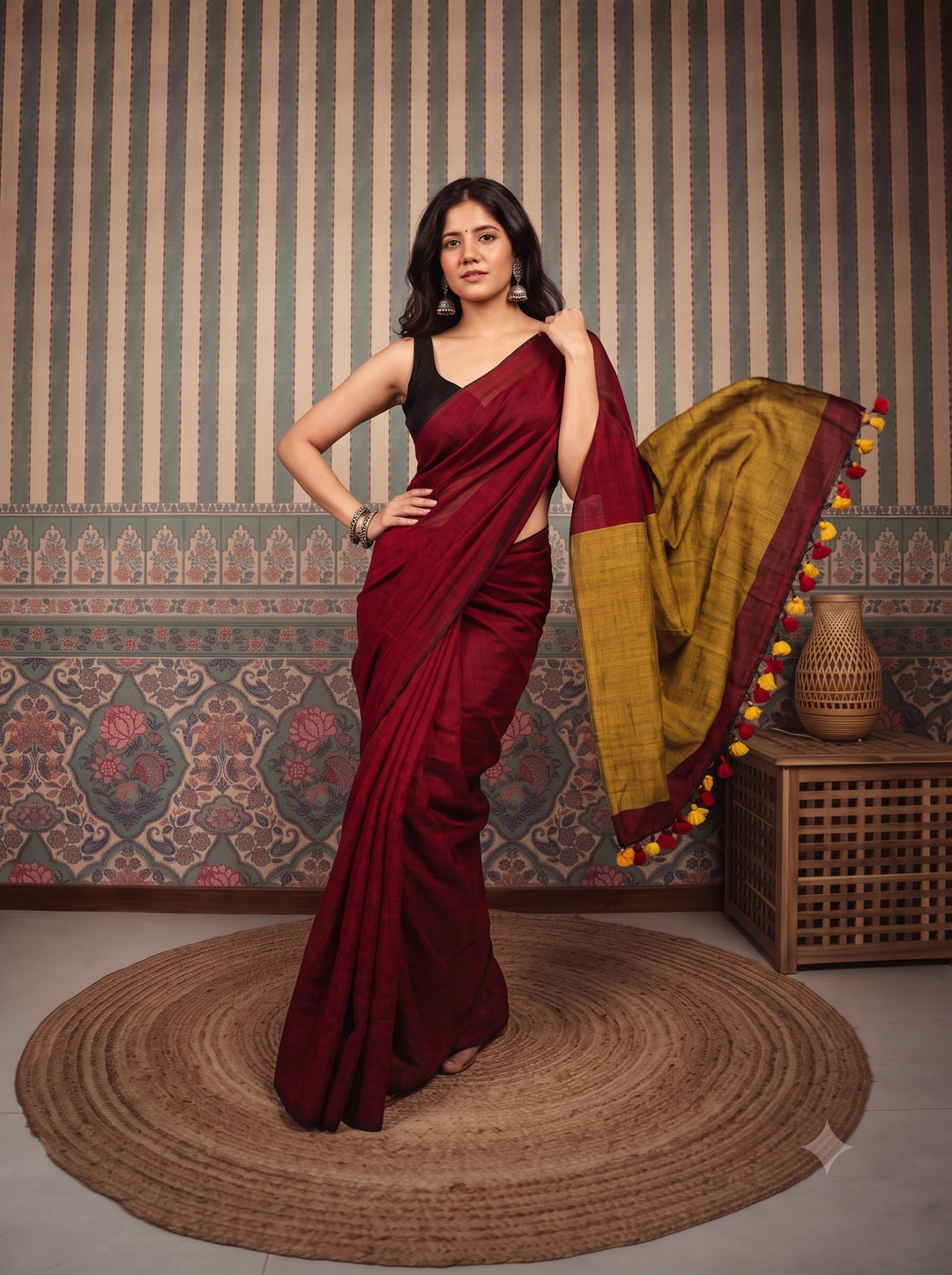Deep Red Mul Cotton Saree with Mustard Gold Contrast Pallu, Tassels & Matching Blouse