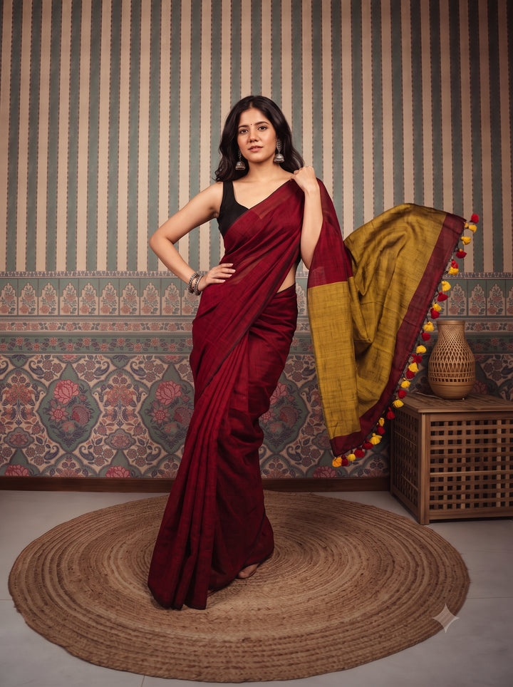 Deep Red Mul Cotton Saree with Mustard Gold Contrast Pallu, Tassels & Matching Blouse