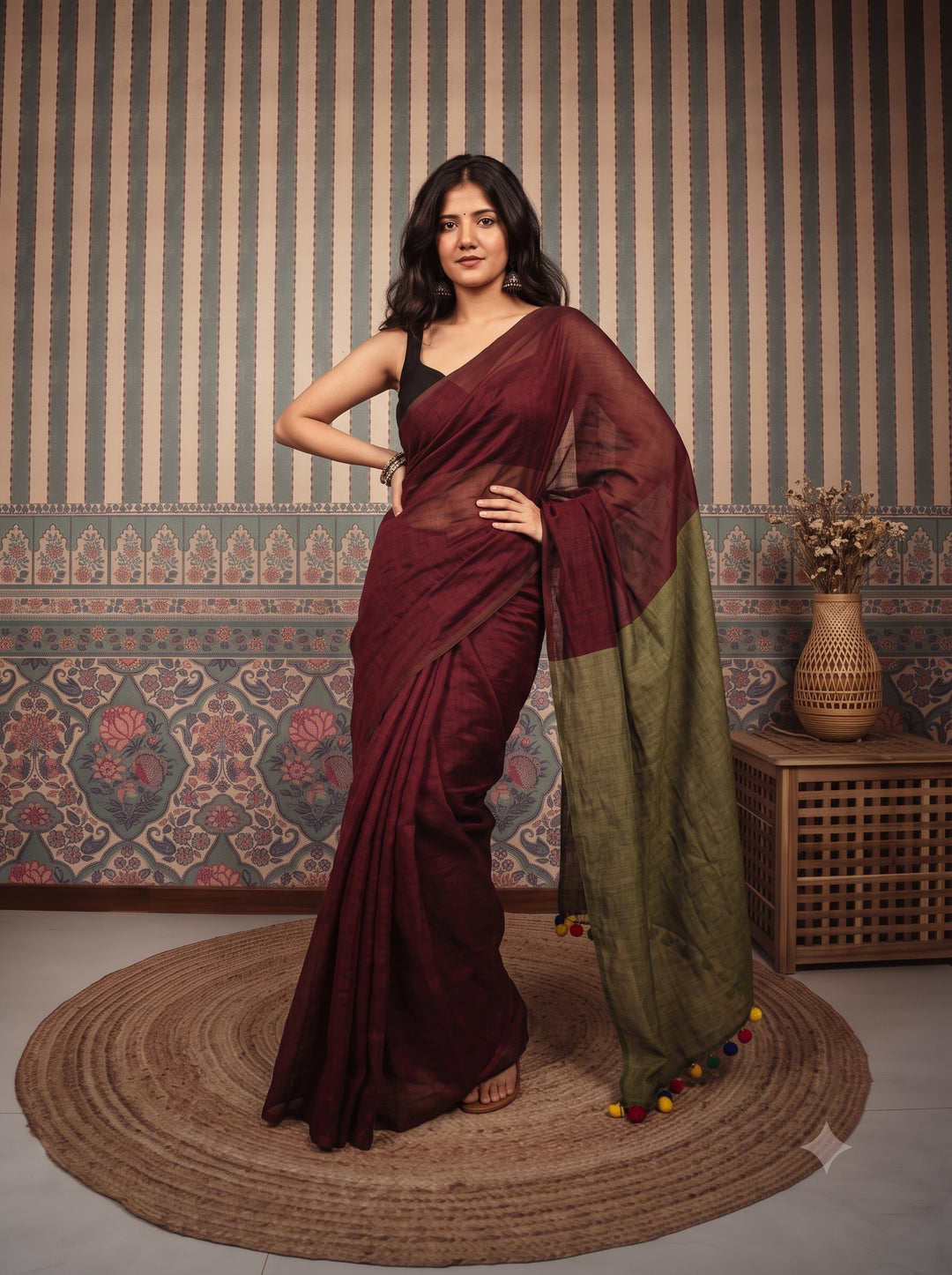Wine Maroon Mul Cotton Saree with Olive Green Contrast Pallu, Tassels & Matching Blouse