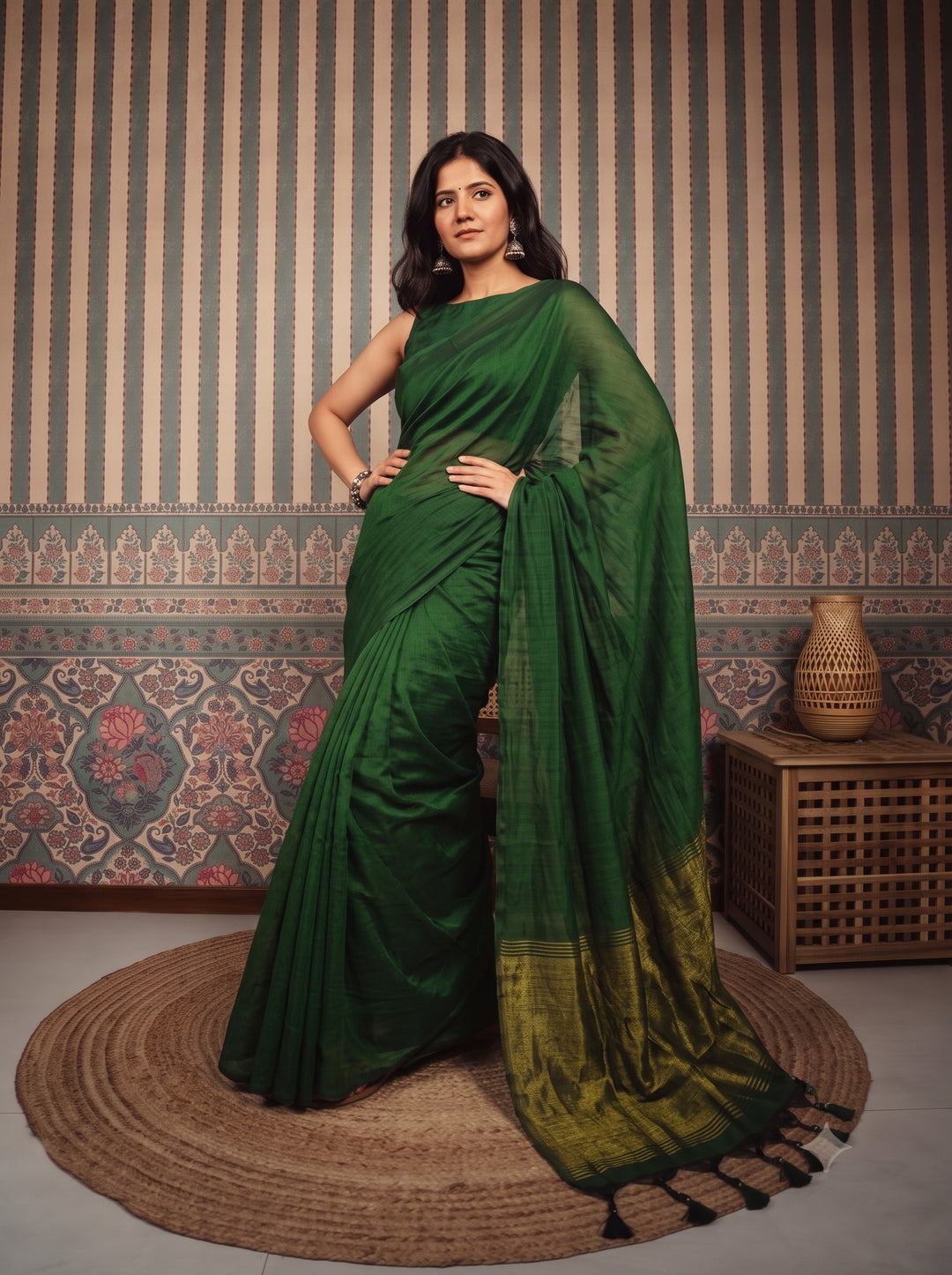 Bottle Green Mul Cotton Saree with Antique Gold Zari Woven Pallu, Tassels & Matching Blouse