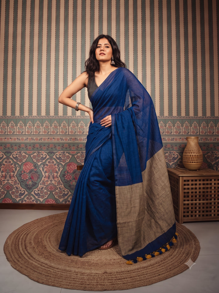Navy Blue Mul Cotton Saree with Beige Contrast Pallu, Tassels & Matching Blouse