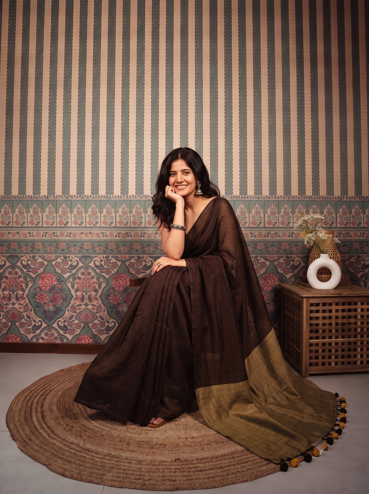 Chocolate Brown Mul Cotton Saree with Antique Gold Contrast Pallu, Tassels & Matching Blouse