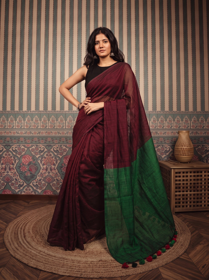 Wine Maroon Mul Cotton Saree with Contrast Emerald Green Pallu, Tassels & Matching Blouse
