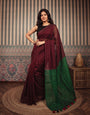 Wine Maroon Mul Cotton Saree with Contrast Emerald Green Pallu, Tassels & Matching Blouse