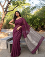 Wine Mul Cotton Saree with Aari Foil Mirror Work, Embroidered Arco Border & Contrast Printed Pallu with Blouse Piece