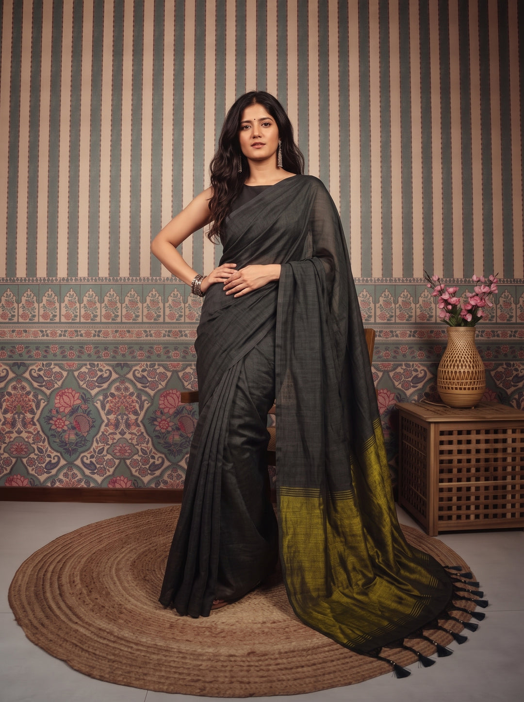 Grey Mul Cotton Saree with Antique Gold Zari Woven Pallu, Tassels & Matching Blouse
