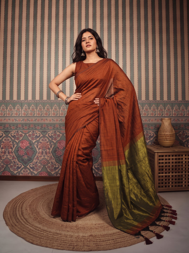 Rust Brown Mul Cotton Saree with Antique Gold Zari Woven Pallu, Tassels & Matching Blouse
