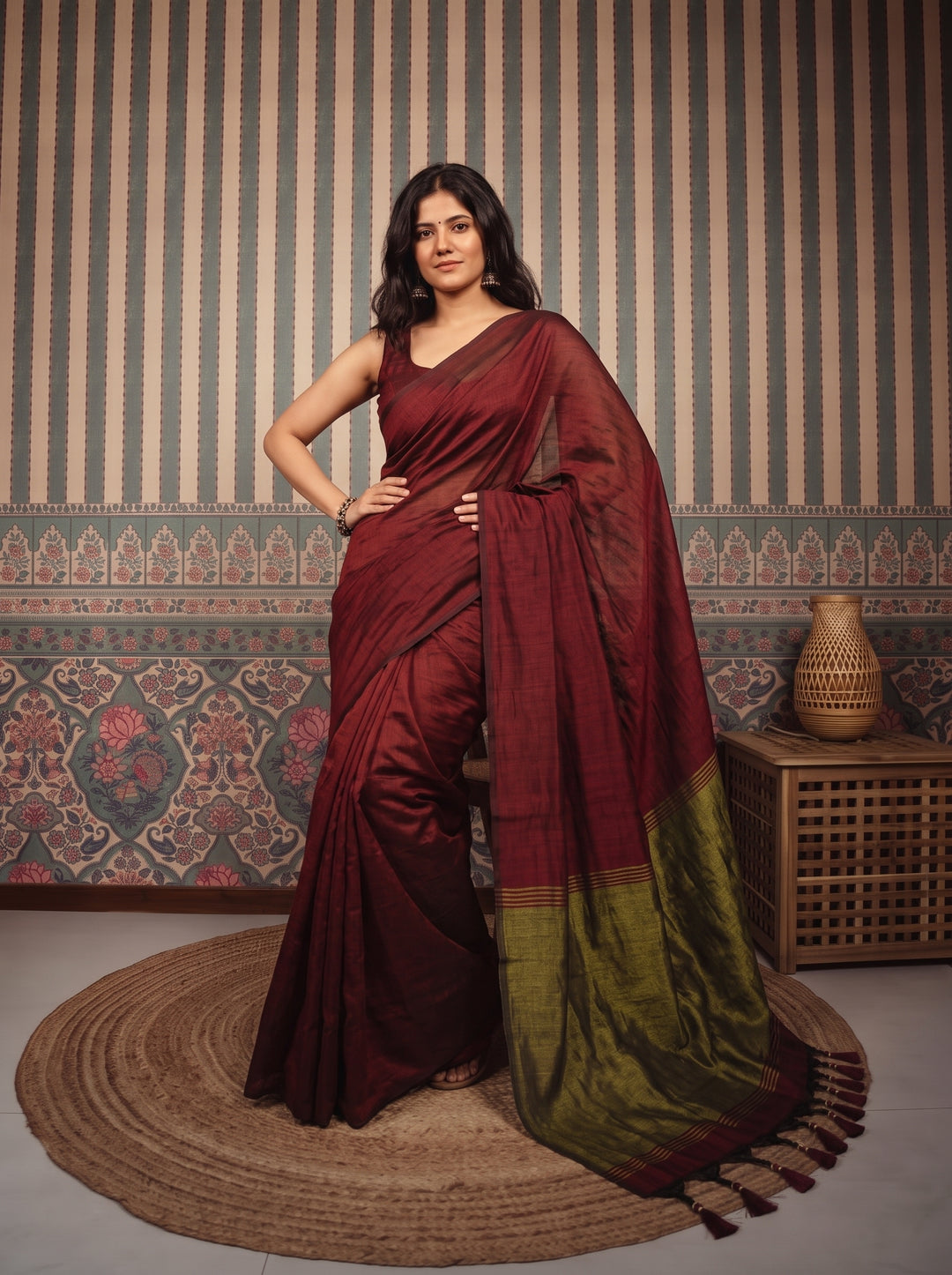 Maroon Mul Cotton Saree with Antique Gold Zari Woven Pallu, Tassels & Matching Blouse