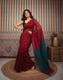 Ruby Red Mul Cotton Saree with Teal Green Contrast Pallu, Tassels & Matching Blouse