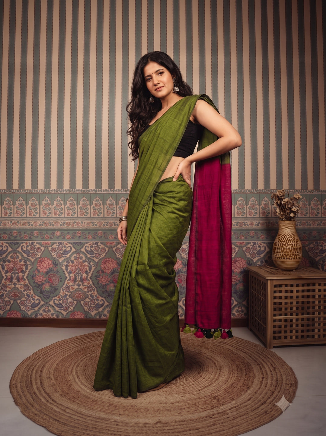 Olive Green Mul Cotton Saree with Contrast Magenta Pallu, Tassels & Matching Blouse