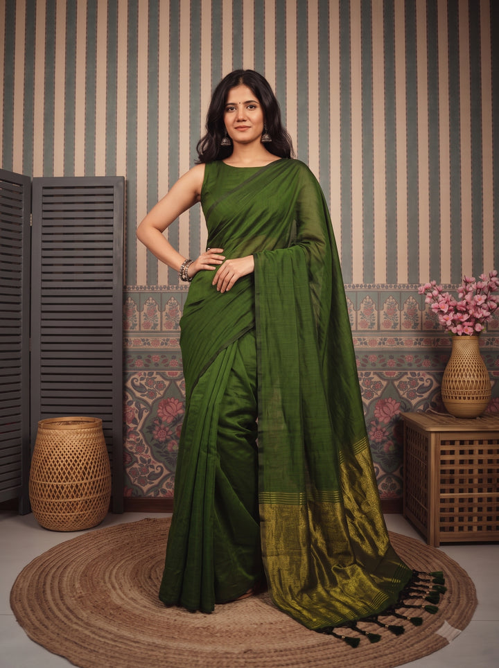 Mehendi Green Mul Cotton Saree with Antique Gold Zari Woven Pallu, Tassels & Matching Blouse