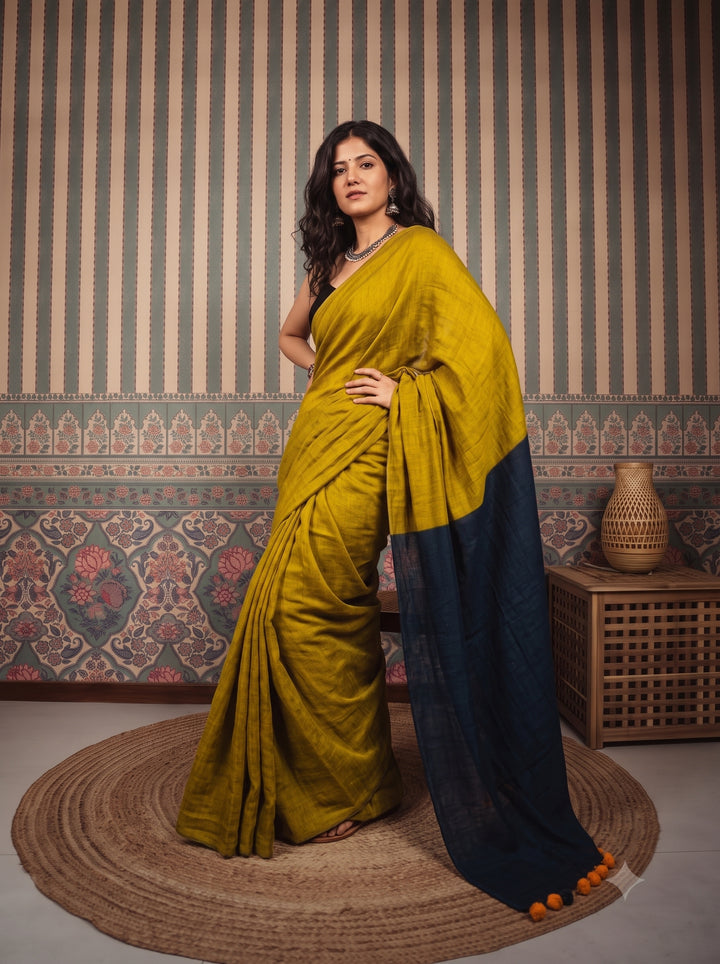Mustard Yellow Mul Cotton Saree with Midnight Blue Contrast Pallu, Tassels & Matching Blouse