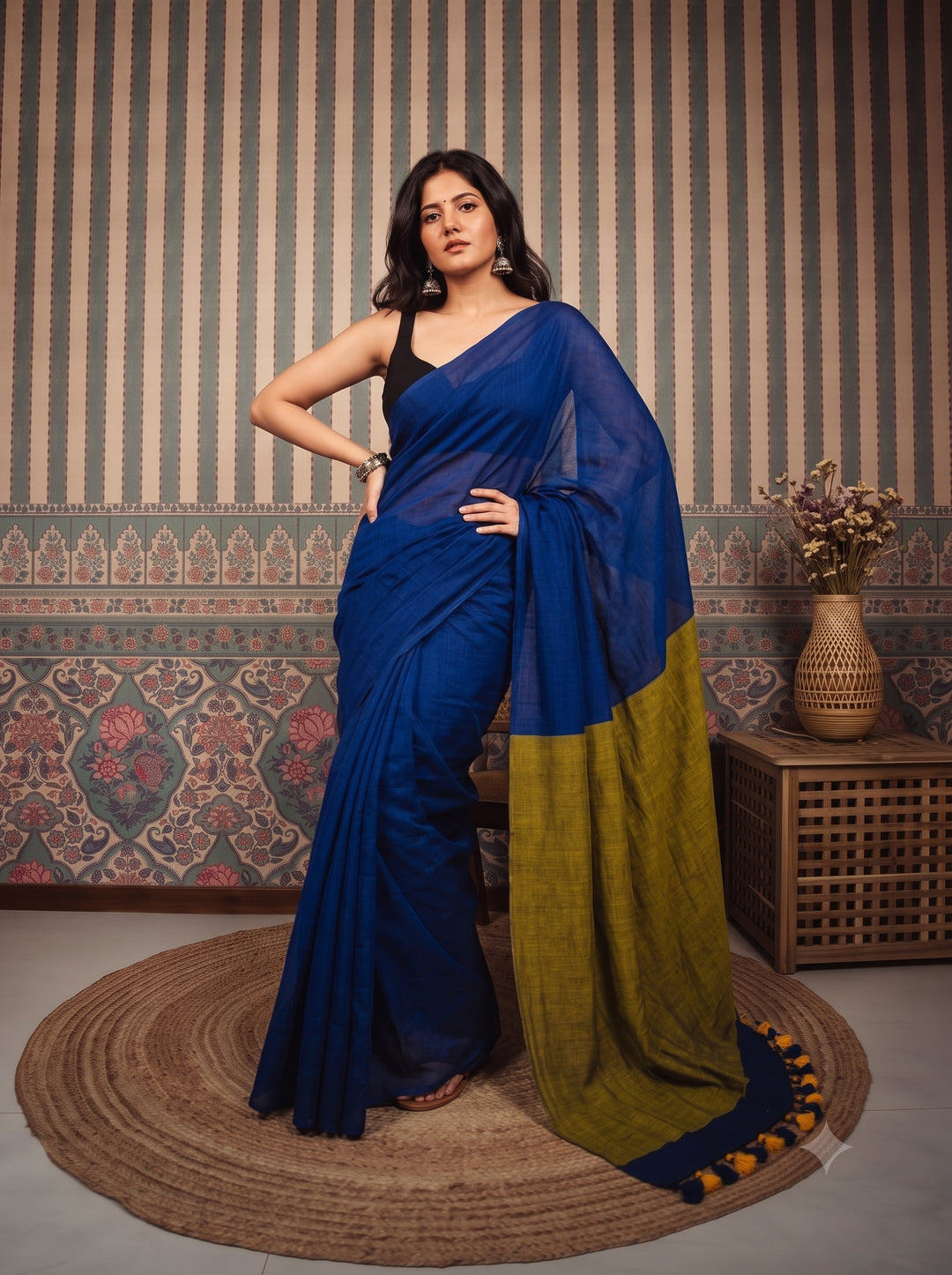 Royal Blue Mul Cotton Saree with Mustard Green Contrast Pallu, Tassels & Matching Blouse