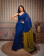 Royal Blue Mul Cotton Saree with Mustard Green Contrast Pallu, Tassels & Matching Blouse