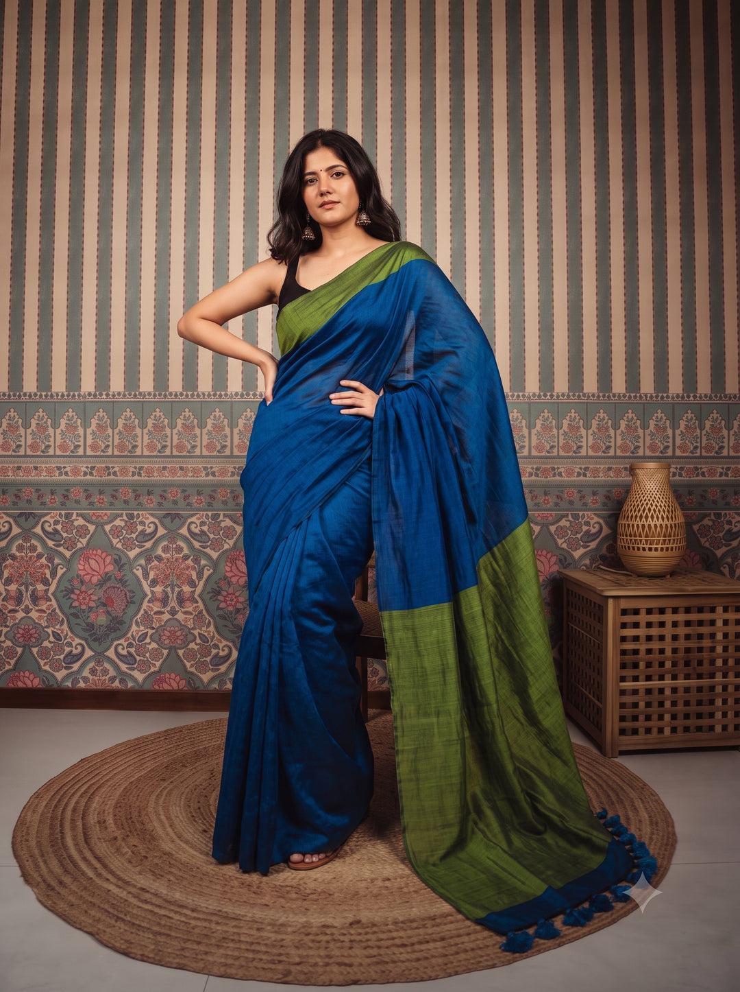 Royal Blue Mul Cotton Saree with Olive Green Contrast Pallu, Tassels & Matching Blouse