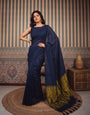 Navy Blue Mul Cotton Saree with Antique Gold Zari Woven Pallu, Tassels & Matching Blouse