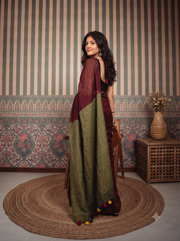 Wine Maroon Mul Cotton Saree with Olive Green Contrast Pallu, Tassels & Matching Blouse